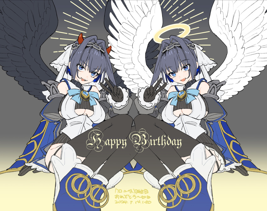 1girl angel angel_and_devil angel_wings black_gloves black_wings blue_eyes blue_hair bow bow_earrings breasts chain chain_headband clothing_cutout contrast detached_sleeves earrings feathered_wings gloves hair_intakes hair_ornament halo heart-shaped_gem highres hololive hololive_english horns jewelry large_breasts looking_at_viewer ouro_kronii ouro_kronii_(1st_costume) ribbon_earrings short_hair smile solo split_theme turtleneck underboob_cutout virtual_youtuber wada_arco white_wings wings