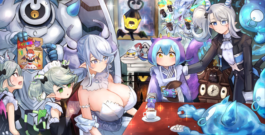 1boy 5girls absurdres arianna_the_labrynth_servant arianne_the_labrynth_servant arias_the_labrynth_butler blush breasts butler cleavage demon_girl demon_horns demon_wings dress duel_monster female_butler gloves grey_eyes grey_hair hatano_kiyoshi highres holding horns knight_(yu-gi-oh!) labrynth_archfiend labrynth_chandraglier labrynth_cooclock labrynth_stovie_torbie lady_labrynth_of_the_silver_castle large_breasts laundry_dragonmaid leotard leotard_under_clothes lovely_labrynth_of_the_silver_castle low_wings multiple_girls multiple_wings ojou-sama_pose pointy_ears smile transparent_wings twintails white_hair white_horns wings yu-gi-oh!