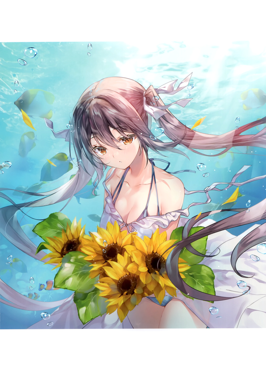 1girl absurdres air_bubble animal bare_shoulders bikini blush breasts brown_eyes brown_hair bubble cleavage collarbone fish flower highres holding long_hair miwabe_sakura original parted_lips scan small_breasts sunflower swimsuit twintails underwater