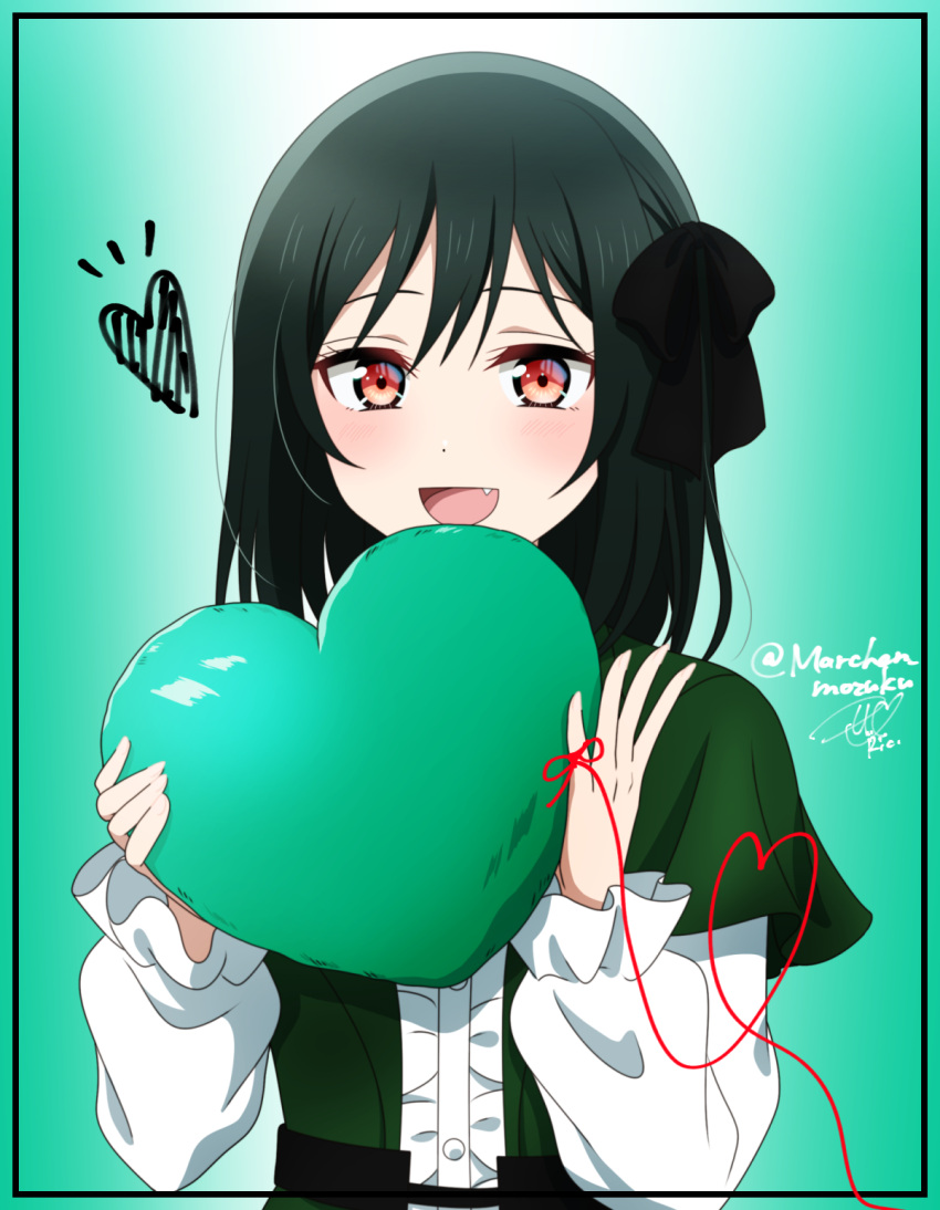 1girl black_ribbon blush center_frills commentary_request fang frilled_sleeves frills green_hair green_jacket hair_ribbon heart heart-shaped_pillow highres holding holding_pillow jacket koufukuron_(love_live!) long_sleeves looking_at_viewer love_live! love_live!_nijigasaki_high_school_idol_club mifune_shioriko open_mouth pillow red_eyes ribbon ric_(fwpbox) shirt short_hair signature solo string string_of_fate twitter_username upper_body white_shirt