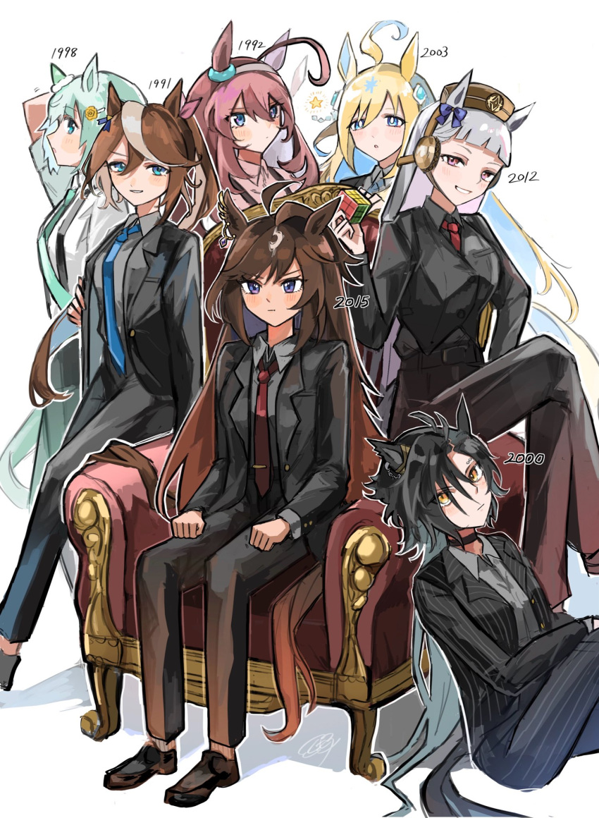 6+girls ahoge air_shakur_(umamusume) alternate_costume animal_ears black_pants black_suit blonde_hair blue_eyes blue_hair blue_necktie bow bright_pupils brown_hair colored_inner_hair commentary crossed_legs duramente_(umamusume) ear_bow ear_covers ear_ornament ear_piercing eyebrow_piercing gold_ship_(umamusume) green_hair grey_hair grey_hairband grin hair_between_eyes hair_bow hair_ornament hairband hands_on_own_thighs headgear highres holding horse_ears horse_girl horse_tail huge_ahoge jacket kumo_(mokumoku_warabi) light_brown_hair long_hair mihono_bourbon_(umamusume) multicolored_hair multiple_girls necktie neo_universe_(umamusume) open_clothes open_jacket orange_eyes pants piercing pillbox_hat pink_bow pinstripe_pattern pinstripe_suit purple_bow purple_eyes purple_hair red_necktie rubik's_cube seiun_sky_(umamusume) single_ear_cover sitting smile streaked_hair suit tail tokai_teio_(umamusume) trait_connection two-tone_hair umamusume very_long_hair