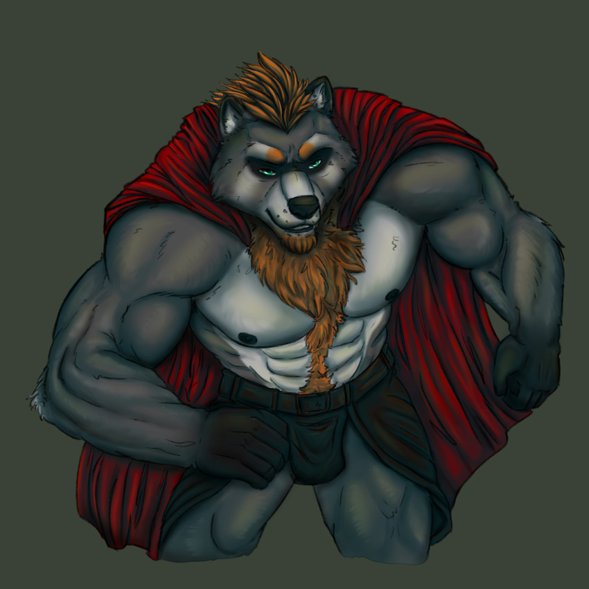 1:1 abs anthro belt biceps blue_eyes body_hair bulge cape chest_hair clothed clothing digital_media_(artwork) facial_hair fur goatee grey_body grey_fur hair hero hi_res leather leather_clothing looking_at_viewer lupelongo male mammal mean_look muscular muscular_anthro muscular_male nipples orange_hair pecs red_clothing smile solo
