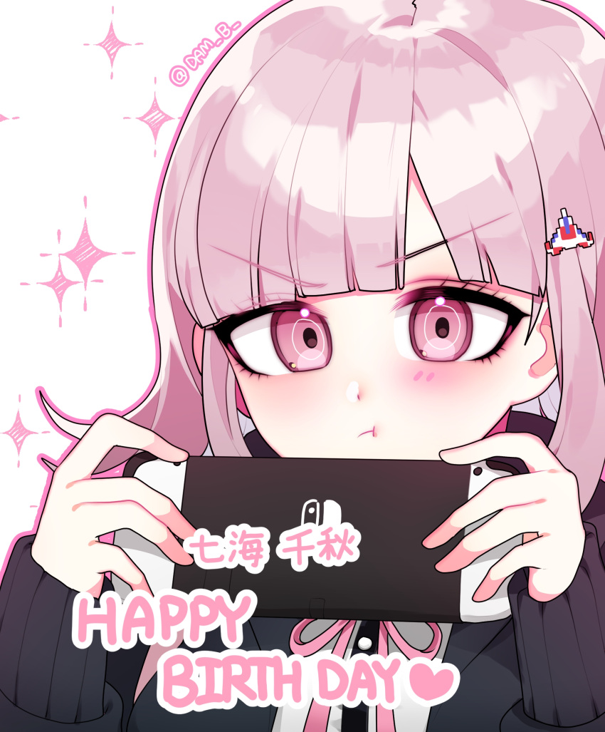 1girl black_jacket danganronpa_(series) danganronpa_2:_goodbye_despair galaga hair_ornament handheld_game_console hands_up happy_birthday highres holding holding_handheld_game_console jacket leegal_kkyu long_sleeves medium_hair nanami_chiaki neck_ribbon nintendo_switch open_clothes open_jacket pink_eyes pink_ribbon pout ribbon solo sparkle white_background