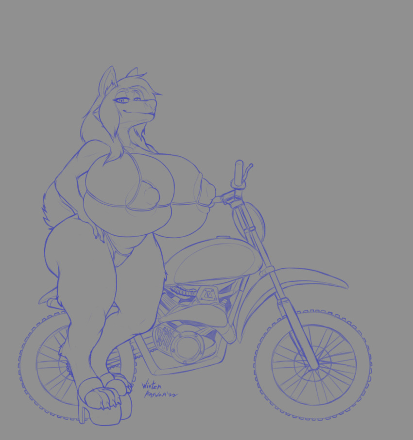 anthro areola big_breasts bikini breasts butt camel_toe canid canine canis clothed clothing digital_media_(artwork) dirt_bike domestic_dog female footwear fur hair herding_dog hi_res high_heels huge_breasts looking_at_viewer machine mammal motorcycle nipple_outline nipples pastoral_dog simple_background sketch skimpy smile smiling_at_viewer solo swimwear tail thick_thighs topwear vehicle welsh_corgi winteranswer