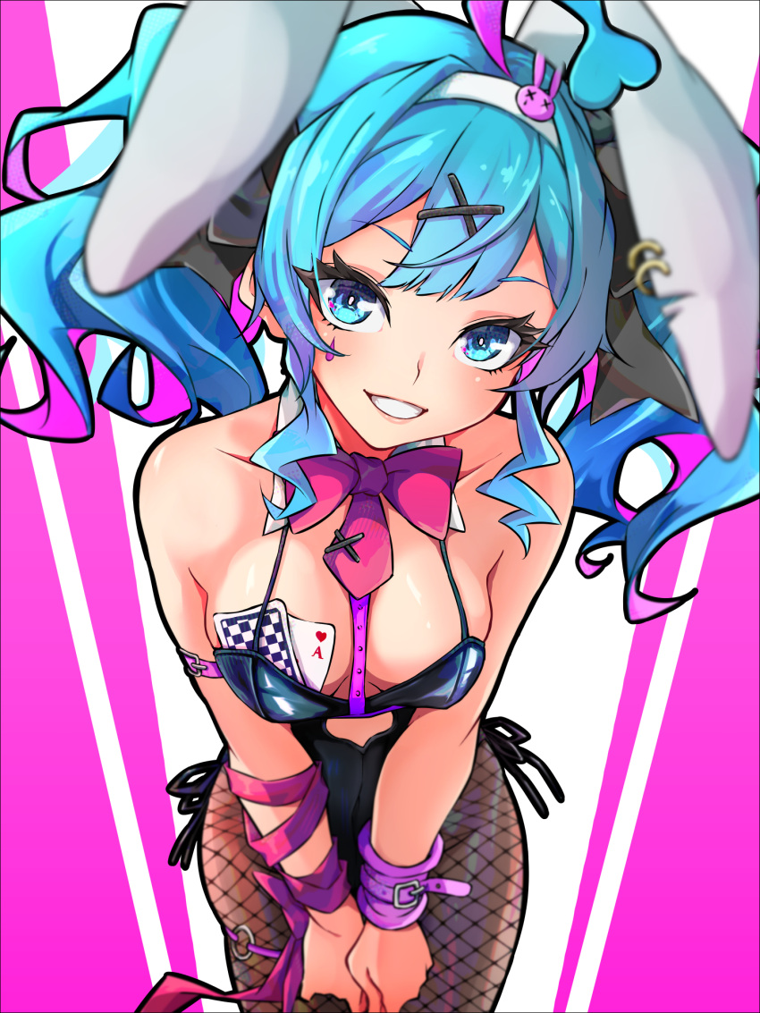 1girl animal_ears bare_shoulders bent_over black_leotard black_ribbon blue_eyes blue_hair blurry blurry_foreground bow bowtie breasts card cleavage clothing_cutout collarbone cowboy_shot cutout_above_navel eyelashes fake_animal_ears fishnet_pantyhose fishnets hair_ornament hair_ribbon hairband hands_on_own_legs hatsune_miku heart_cutout highres leotard looking_at_viewer medium_breasts medium_hair pakotaroh pantyhose parted_lips pink_background pink_bow pink_bowtie pink_ribbon playboy_bunny playing_card rabbit_ears rabbit_hair_ornament rabbit_hole_(vocaloid) ribbon smile solo spaghetti_strap teardrop_facial_mark twintails vocaloid white_background white_hairband x_hair_ornament