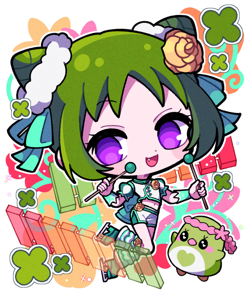 1girl :d bird blue_footwear chibi chinese_clothes clover commentary_request cone_hair_bun double_bun fang flower four-leaf_clover full_body green_hair hair_bun hair_flower hair_ornament hair_ribbon hair_scrunchie highres instrument kohinata_kanoo looking_at_viewer mallet_(instrument) morizono_wakana open_mouth pretty_rhythm pretty_rhythm_rainbow_live pretty_series purple_eyes ribbon rose scrunchie shirt short_hair shorts smile solo standing white_shirt white_shorts wrist_cuffs xylophone yellow_flower yellow_rose