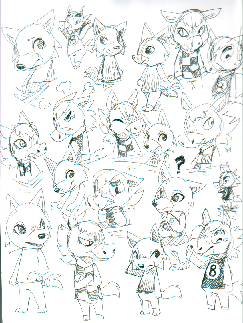 3_fingers 3_toes ambiguous_gender angry animal_crossing anthro canid canine canis clothing equid equine expression_sheet expressions fang_(animal_crossing) feet fingers group grumpy happy hi_res hooves horse joyful male mammal nintendo number number_on_clothing question_mark scared shirt sketch sketch_page spacesmilodon stare toes topwear wave wolf worried