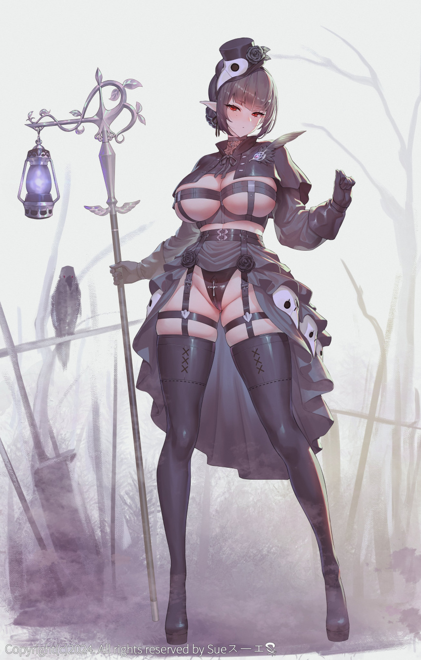 1girl absurdres animal bird breasts commentary crown feathers full_body gloves hair_bun hat highleg highres holding large_breasts long_sleeves looking_at_viewer mini_hat mole mole_under_eye original pointy_ears revealing_clothes shiny_skin solo suerte thighhighs thighs