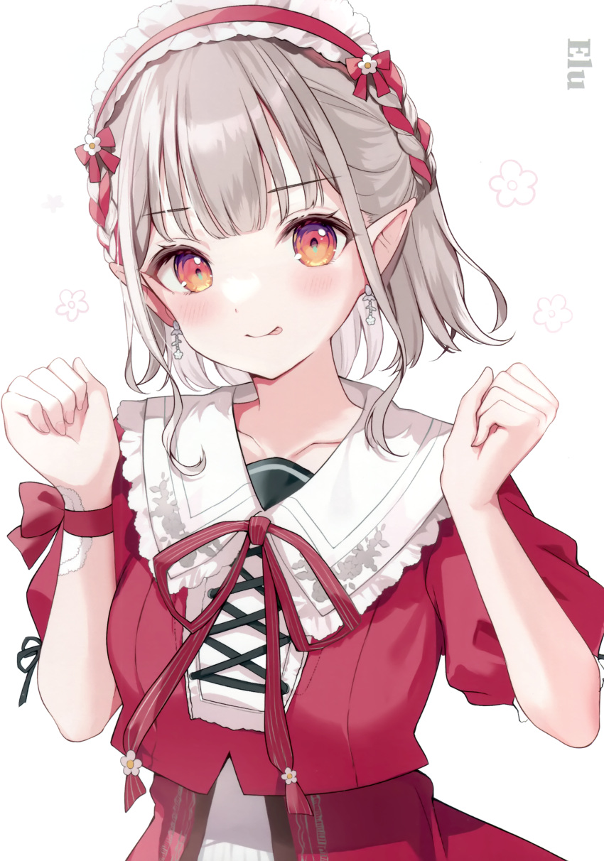 1girl absurdres blush braid character_name collarbone dress earrings elu_(8th_costume)_(nijisanji) elu_(nijisanji) frills grey_hair hairband hands_up highres jewelry looking_at_viewer moeko_(moeko0903) multicolored_hair nijisanji non-web_source pointy_ears puffy_short_sleeves puffy_sleeves red_dress red_eyes red_ribbon red_shirt red_skirt ribbon shirt short_sleeves simple_background skirt smile solo tongue tongue_out upper_body virtual_youtuber white_background