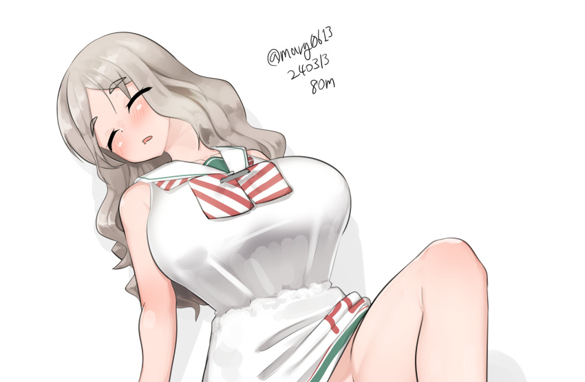 1girl absurdres breasts closed_eyes cosplay dated diagonal-striped_clothes diagonal-striped_neckerchief dress grey_hair highres kantai_collection large_breasts libeccio_(kancolle) libeccio_(kancolle)_(cosplay) long_hair maru_(marg0613) neckerchief out-of-frame_censoring pola_(kancolle) sailor_dress simple_background sleeping sleeveless sleeveless_dress solo striped_clothes striped_neckerchief thick_eyebrows twitter_username white_background white_dress