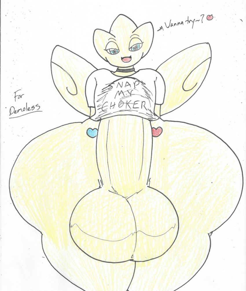 balls big_balls big_penis bottomless chasey_ultra_beast_goodra choker clothed clothing collar dialogue english_text generation_2_pokemon genitals hi_res huge_balls huge_penis hyper hyper_balls hyper_genitalia hyper_penis jewelry male necklace nintendo partially_clothed penis pokemon pokemon_(species) shirt simple_background solo text thick_thighs togetic topwear wolfespada