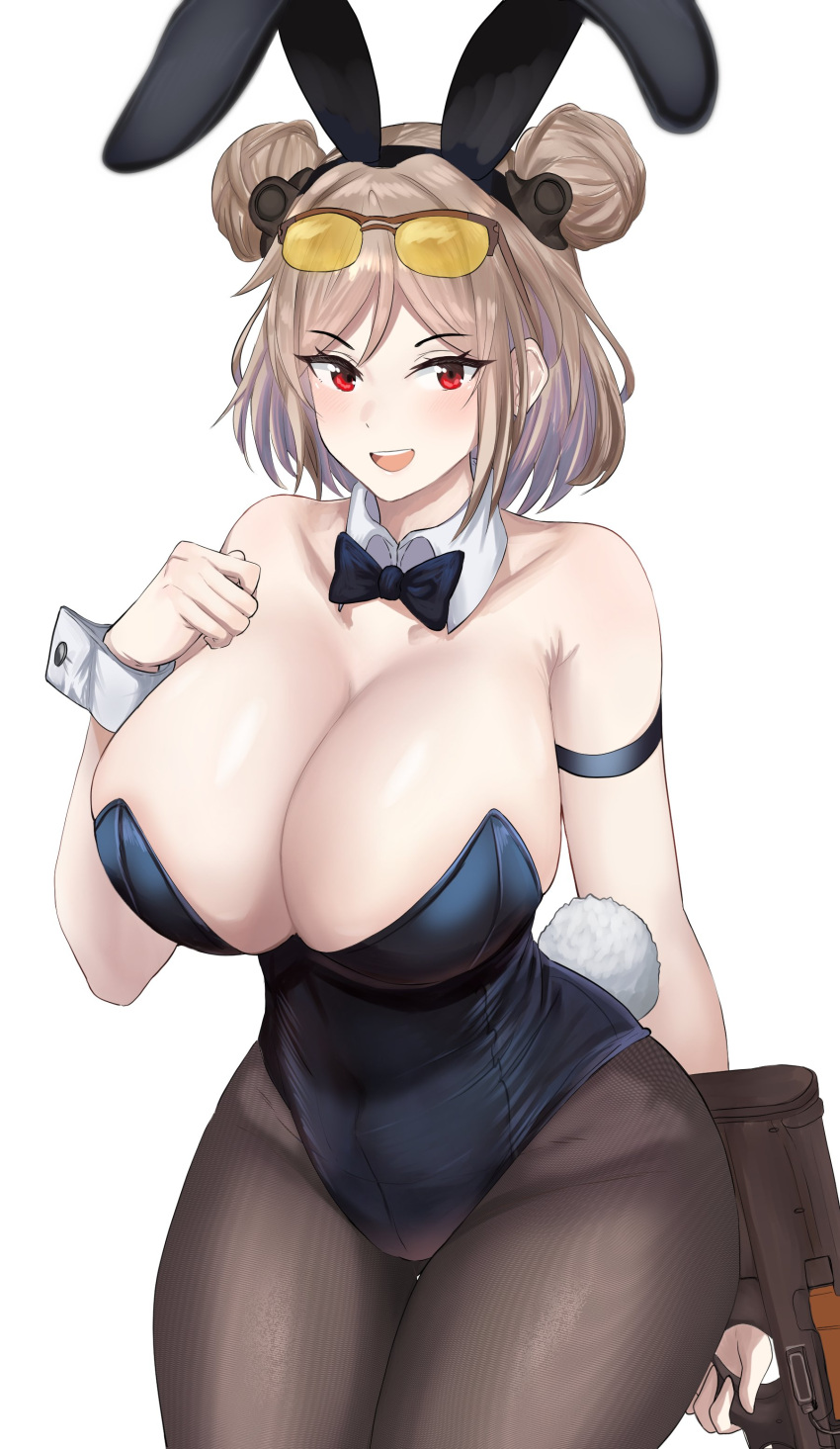 1girl absurdres alternate_breast_size animal_ear_hairband animal_ears arm_strap blush breasts bullpup cleavage collarbone desspie detached_collar double_bun fake_animal_ears girls'_frontline gun hair_bun hairband highres huge_breasts light_brown_hair looking_at_viewer open_mouth p90 p90_(girls'_frontline) pantyhose playboy_bunny rabbit_ear_hairband rabbit_ears red_eyes shiny_skin short_hair smile solo submachine_gun sunglasses weapon wrist_cuffs