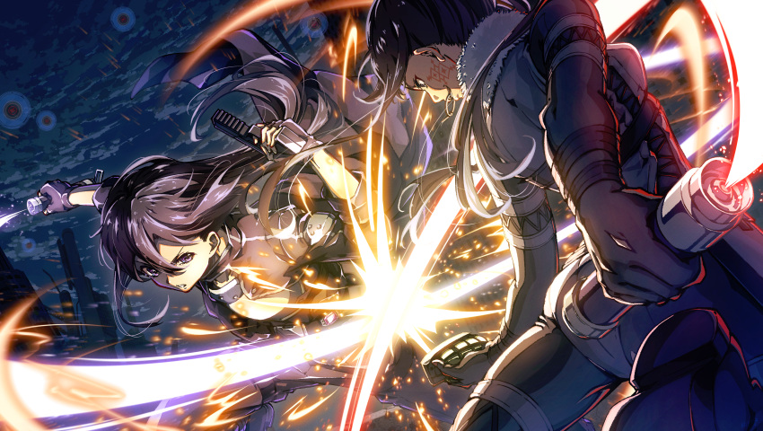 1girl absurdres armor black_bodysuit black_coat black_gloves black_hair bodysuit coat duel energy_sword explosive facial_tattoo fighting fingerless_gloves gloves grenade grenade_pin_in_mouth gun handgun highres holding holding_grenade holding_gun holding_weapon in-franchise_crossover kirito long_hair oboro_neko outdoors pitohui_(sao) ponytail sparks sword sword_art_online sword_art_online_alternative:_gun_gale_online tattoo weapon