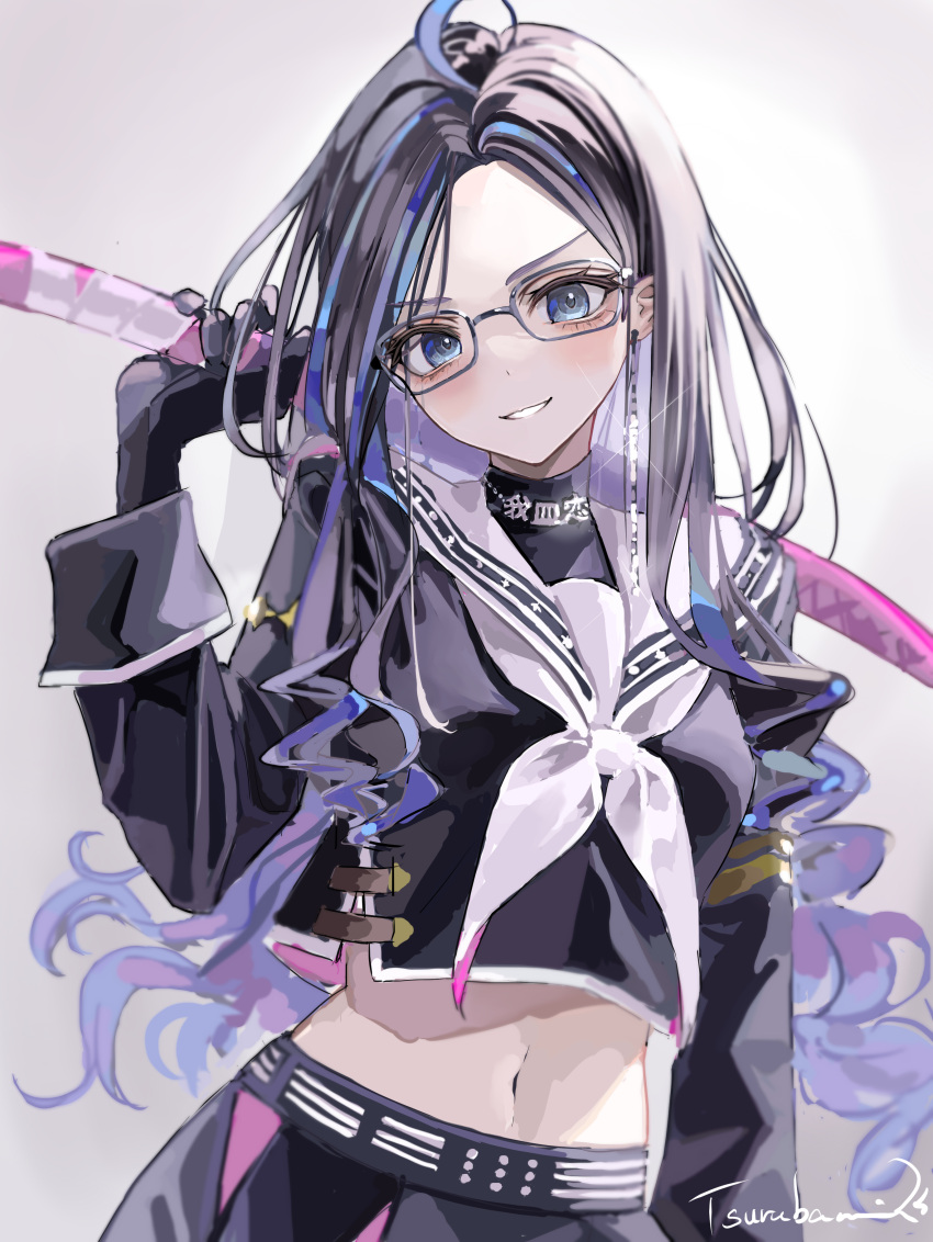 1girl absurdres ahoge alternate_costume black-framed_eyewear black_gloves black_hair black_shirt black_skirt blue_hair blush breasts glasses gloves hair_intakes highres holding holding_sword holding_weapon kson long_hair medium_breasts navel sailor_collar shirt skirt smile solo sword sword_on_back tsurubami_(gaad5227) virtual_youtuber vshojo weapon weapon_on_back white_background white_sailor_collar