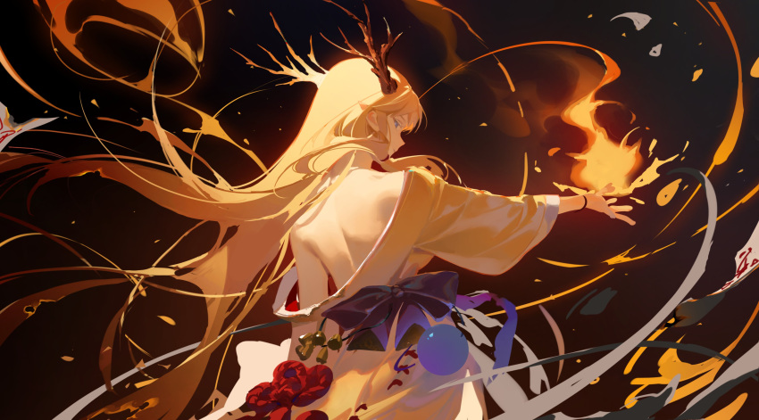 1girl absurdres alter_(j_alter7) antlers back backless_outfit blonde_hair blue_eyes burning fire highres horns japanese_clothes kimono lace long_hair looking_at_viewer looking_back mizuhiki ofuda open_clothes open_kimono original pointy_ears pyrokinesis ribbon_trim shikigami solo