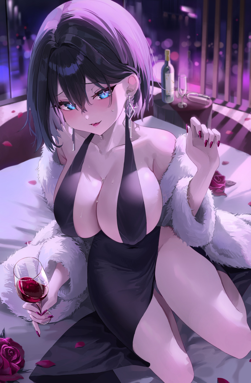 1girl absurdres acma bare_legs bare_shoulders black_dress black_hair blue_eyes blurry blurry_background blush bob_cut bokeh bottle breasts cleavage collarbone crossed_bangs cup depth_of_field dress earrings flower fur_(clothing) fur_jacket hair_between_eyes hand_up highres holding holding_cup indoors jacket jewelry large_breasts looking_at_viewer off_shoulder on_bed open_clothes open_jacket open_mouth original petals red_flower red_nails red_rose red_wine rose rose_petals rug short_hair sitting sweat wine_bottle yokozuwari