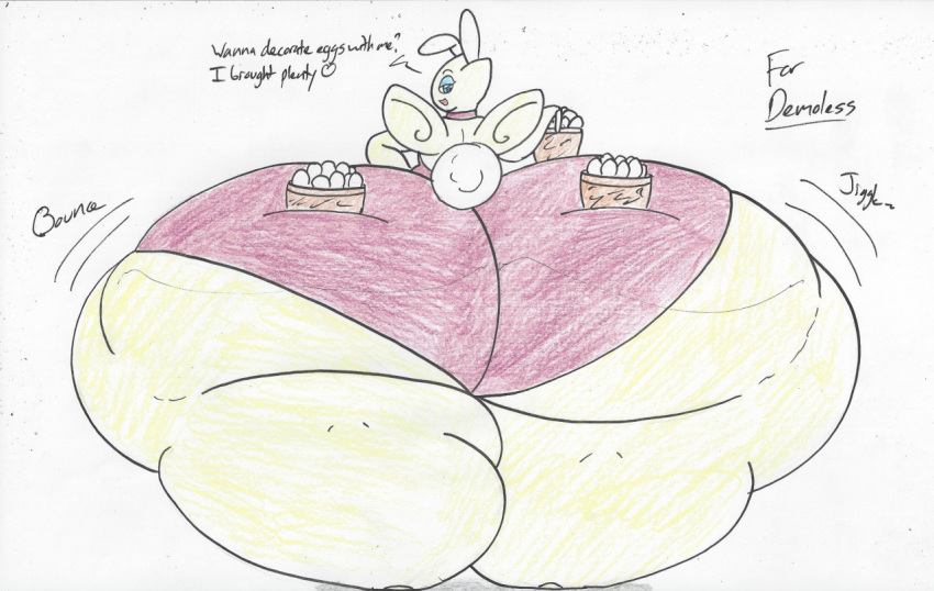 basket big_butt bunny_costume butt chasey_ultra_beast_goodra clothing container costume dialogue egg english_text generation_2_pokemon huge_butt hyper hyper_butt male nintendo pokemon pokemon_(species) simple_background solo text thick_thighs togetic wolfespada