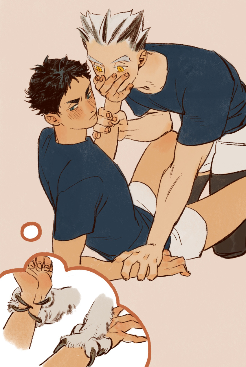 2boys absurdres akaashi_keiji arm_grab averting_eyes black_hair blue_eyes blue_shirt bokuto_koutarou brown_background chengongzi123 closed_mouth covering_another's_mouth disembodied_limb english_commentary grey_hair haikyuu!! hand_over_another's_mouth hand_up highres kneeling long_hair looking_at_another looking_to_the_side male_focus multicolored_hair multiple_boys pinned shirt short_hair short_sleeves shorts simple_background sitting slit_pupils streaked_hair t-shirt thick_eyebrows thought_bubble very_long_hair very_short_hair white_shorts yaoi yellow_eyes