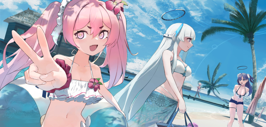 3girls bikini blue_archive breasts collarbone cthlo day grey_hair hair_between_eyes halo highres koyuki_(blue_archive) large_breasts long_hair looking_at_viewer mechanical_halo multiple_girls navel noa_(blue_archive) open_mouth outdoors pink_eyes pink_hair purple_eyes purple_hair small_breasts smile swimsuit twintails two_side_up v white_bikini yuuka_(blue_archive)