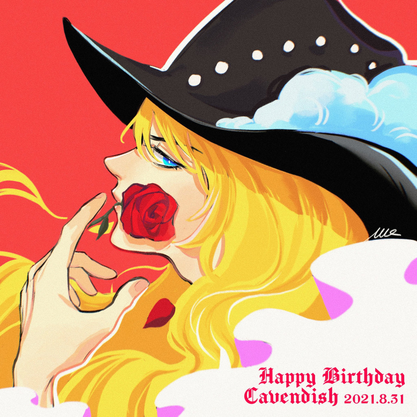 1boy bishounen black_headwear blonde_hair blue_eyes cavendish cowboy_hat dated flower flower_in_mouth frills from_side happy_birthday hat highres long_hair male_focus mouth_hold one_piece petals plume portrait red_background red_flower red_rose rose rose_petals shirt signature solo studded_hat vamos_mk wavy_hair white_shirt