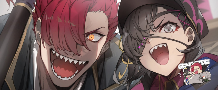 1boy 1girl black_hair chibi dated eyepatch fate/grand_order fate_(series) grey_eyes hair_over_one_eye hat highres mori_nagayoshi_(fate) mysterious_ranmaru_x_(fate) no-kan orange_eyes over_shoulder red_hair sharp_teeth signature teeth weapon weapon_over_shoulder