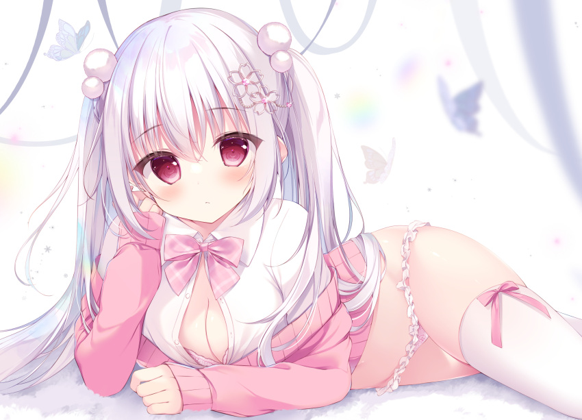 1girl blush bow bow_legwear bra breasts cleavage frilled_panties frills highres large_breasts long_sleeves looking_at_viewer lying navel original panties pink_bow pink_bra pink_eyes pink_panties shirosei_mochi thighhighs thighs twintails unbuttoned unbuttoned_shirt underwear white_hair white_thighhighs