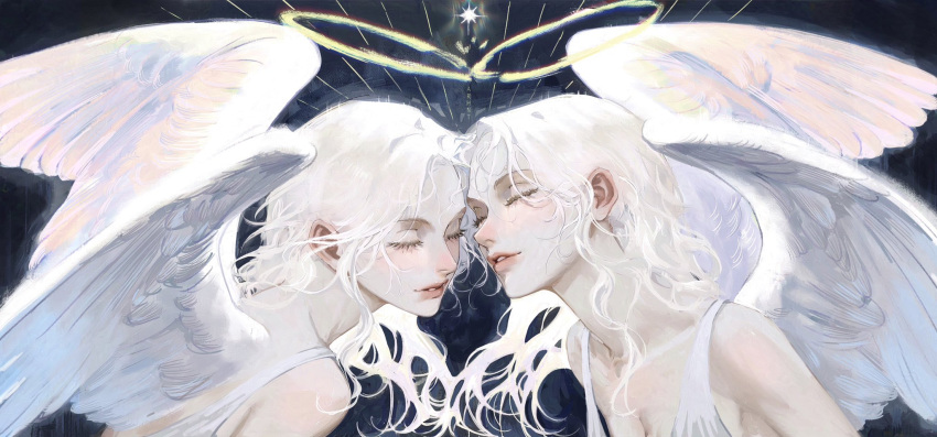 2girls angel angel_wings arhnt artist_name bare_shoulders blue_background breasts cleavage eyelashes face-to-face facing_another feathered_wings floating_hair halo highres long_hair multiple_girls original parted_lips siblings sleeveless smile twins upper_body wavy_hair white_wings wings