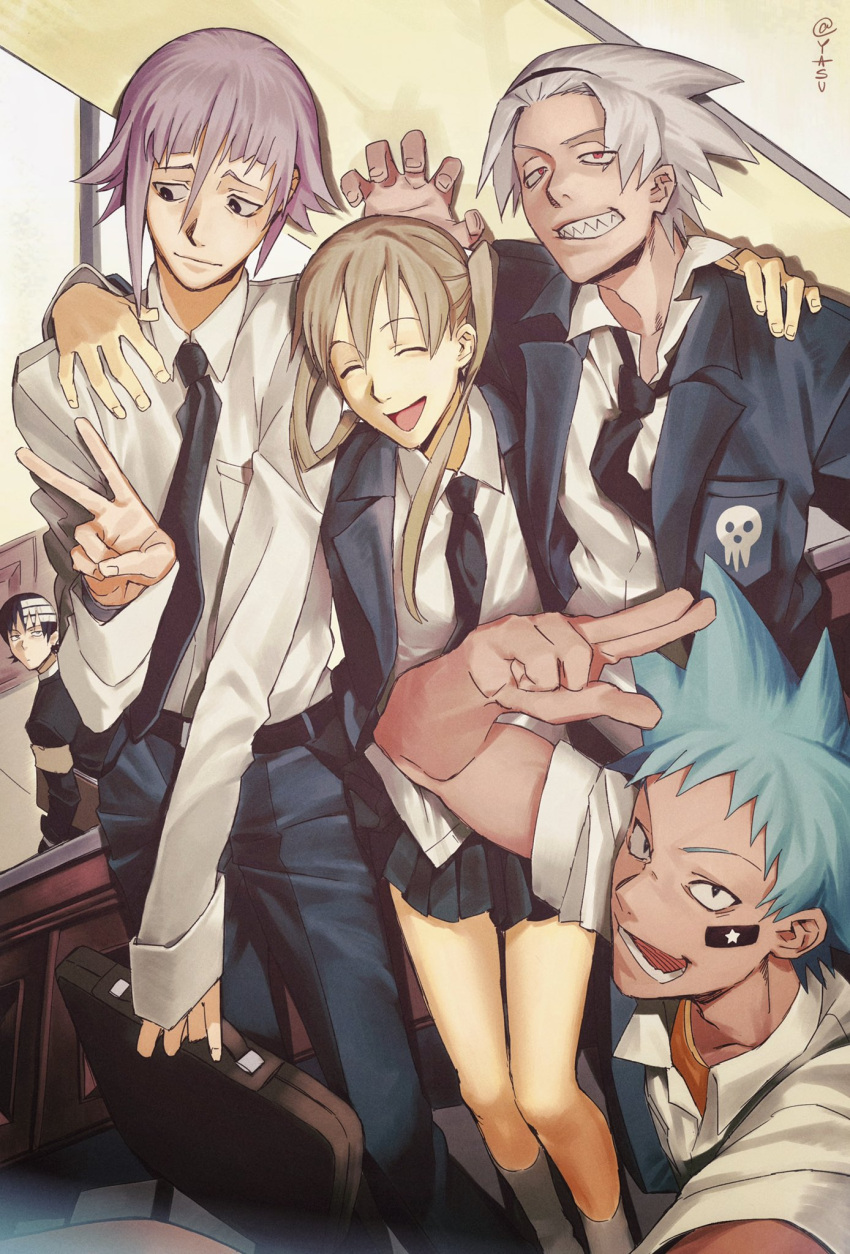 1girl 1other 3boys androgynous ann_yasu_d black_necktie black_skirt black_star blonde_hair blue_hair choppy_bangs closed_eyes collared_shirt crona_(soul_eater) death_the_kid facing_viewer formal grin happy highres kneehighs looking_at_another looking_at_viewer maka_albarn multicolored_hair multiple_boys necktie pleated_skirt purple_hair red_eyes salute selfie sharp_teeth shirt short_hair_with_long_locks skirt smile socks soul_eater soul_evans spiked_hair teeth twintails twitter_username two-finger_salute two-tone_hair v white_hair white_shirt