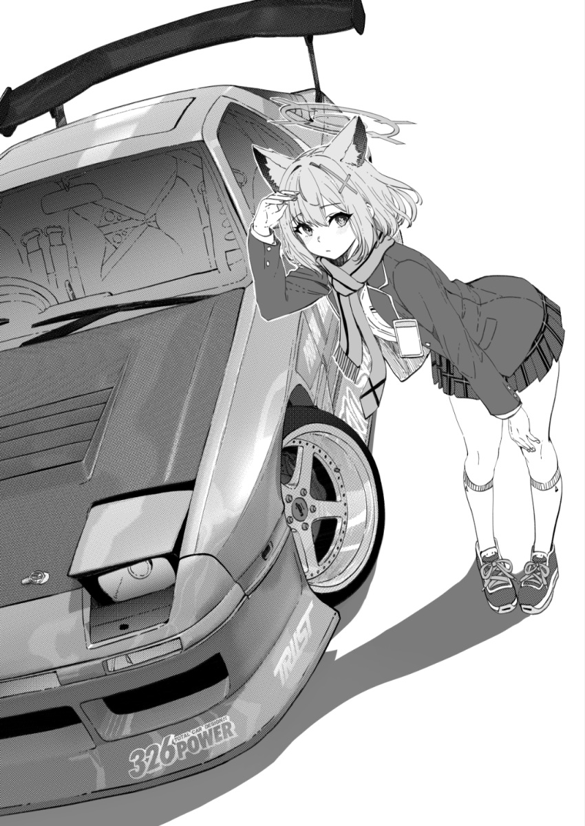 1girl animal_ear_fluff animal_ears blue_archive car closed_mouth coat cross-laced_footwear cross_hair_ornament english_commentary full_body greyscale hair_ornament halo hand_up highres jacket jun_project kneehighs leaning_forward long_sleeves looking_at_viewer miniskirt mismatched_pupils monochrome motor_vehicle plaid plaid_skirt pleated_skirt race_vehicle scarf school_uniform shadow shiroko_(blue_archive) shirt shoes short_hair skirt sneakers socks solo sports_car standing vehicle_request white_background wolf_ears wolf_girl