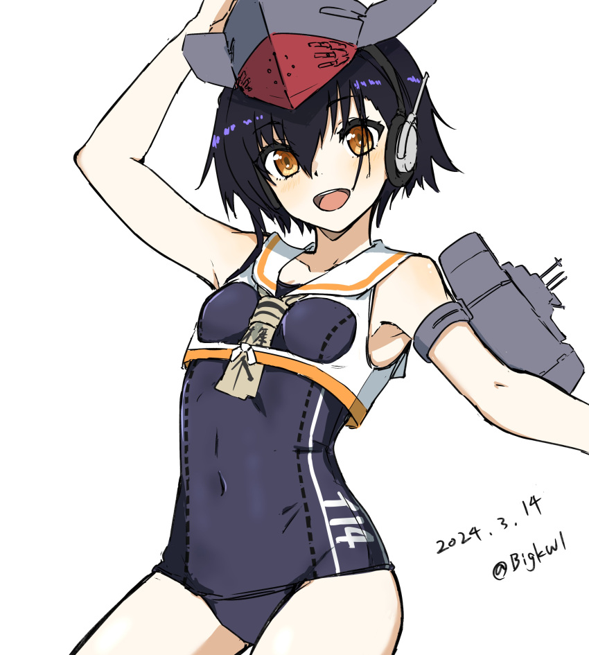 1girl absurdres asymmetrical_hair bigkwl black_hair black_one-piece_swimsuit breast_cutout brown_eyes brown_neckerchief character_name cowboy_shot dated framed_breasts hair_between_eyes hat headphones highres i-14_(kancolle) kantai_collection looking_at_viewer neckerchief old_school_swimsuit one-hour_drawing_challenge one-piece_swimsuit sailor_collar school_swimsuit short_hair simple_background smile solo swimsuit swimsuit_under_clothes twitter_username white_background white_sailor_collar