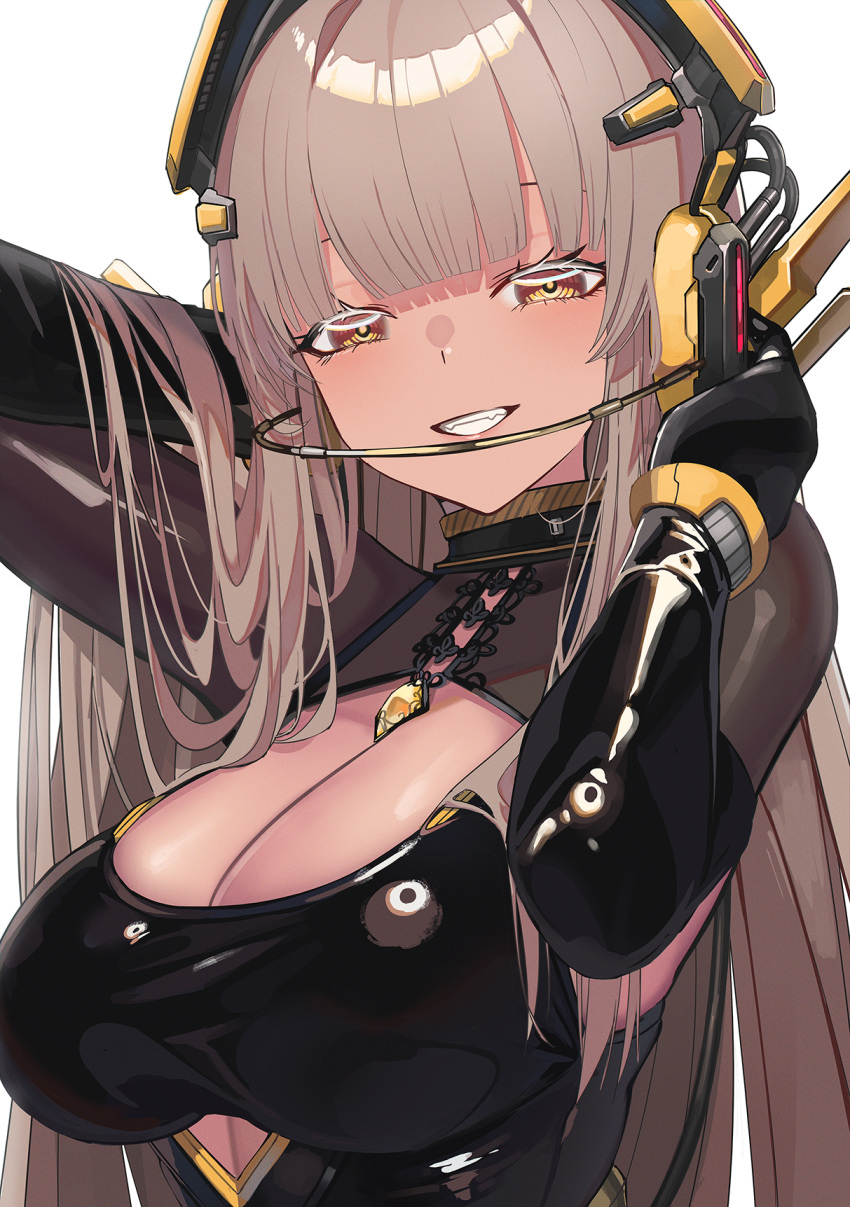 1girl black_gloves blunt_bangs breasts brown_hair cleavage cleavage_cutout clothing_cutout commentary_request fang gloves grin hands_up headphones highres large_breasts latex long_hair looking_at_viewer mecha_musume natori_youkai original ringed_eyes shiny_clothes simple_background smile solo straight_hair upper_body white_background yellow_eyes