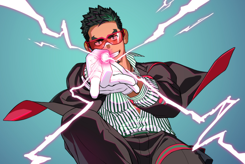 1boy bara black_hair black_jacket black_pants dark-skinned_male dark_skin energy_ball facial_hair fighting_stance goatee green_hair green_shirt incoming_attack itto_(mentaiko) jacket kyoichi_(active_agent)_(live_a_hero) kyoichi_(live_a_hero) lightning_bolt_symbol live_a_hero looking_at_viewer male_focus multicolored_hair official_alternate_costume pants pectorals shirt short_hair smirk solo streaked_hair striped_clothes striped_shirt toned toned_male two-tone_hair