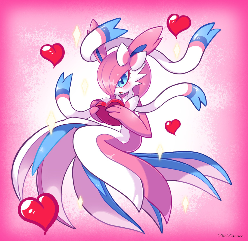 absurdres animal_ears blue_eyes bob_cut bow bowtie colored_skin dress fang fusion gardevoir hair_bow heart highres looking_at_viewer multicolored_skin open_mouth pink_background pink_bow pink_hair pokemon pokemon_(creature) pokemon_infinite_fusion sylveon theterence94