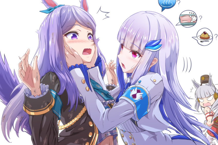 3girls :o ? angry animal_ears armband bangs black_jacket blank_eyes blue_hair blunt_bangs blush cake crossover dialogue_box dirty em_elm eye_contact feather_hair_ornament feathers food frilled_sleeves frills gloves gold_ship_(umamusume) gradient_hair grey_hair hair_ears hair_ornament hair_ribbon hairclip hands_on_another's_face highres horse_ears horse_girl horse_tail jacket lize_helesta long_hair looking_at_another mejiro_mcqueen_(umamusume) multicolored_hair multiple_girls nijisanji nose open_mouth pillbox_hat pink_eyes purple_eyes purple_hair ribbon shiny_hair shirt sleeping surprised sweat tail umamusume virtual_youtuber white_background white_gloves white_hair white_shirt worried