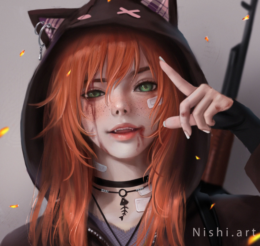 1girl animal_ear_hood animal_ears assault_rifle bandaid bandaid_on_neck black_choker black_jacket blood blood_on_face cat_ears choker earrings eyebrows_hidden_by_hair fangs freckles green_eyes grey_shirt gun gun_on_back hair_between_eyes hand_up highres hood hooded_jacket jacket jewelry lips long_sleeves looking_at_viewer medium_hair necklace nishihiku nose original portrait red_hair rifle shirt sidelocks solo weapon weapon_on_back