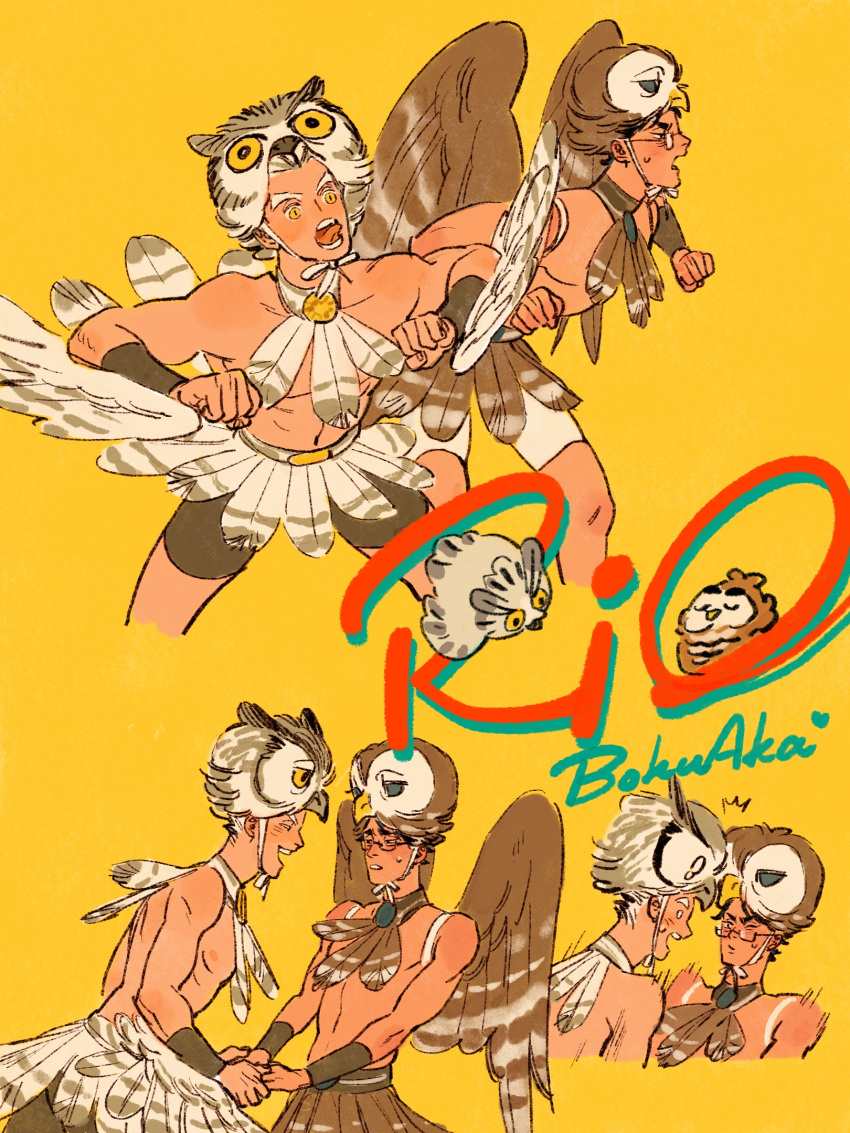 2boys akaashi_keiji animal animal_costume animalization bird bird_costume bird_wings black_eyes black_hair bokuto_koutarou brown_feathers brown_shorts brown_wings carnival chengongzi123 closed_eyes colored_eyelashes facing_another fake_wings feathered_wings feathers flapping flinch glasses grey_feathers haikyuu!! hands_up highres holding_hands looking_at_another male_focus multiple_boys no_shirt open_mouth owl owl_costume parted_lips rio_(movie) short_hair shorts simple_background slit_pupils standing thick_eyebrows very_short_hair wings yaoi yellow_background yellow_eyes