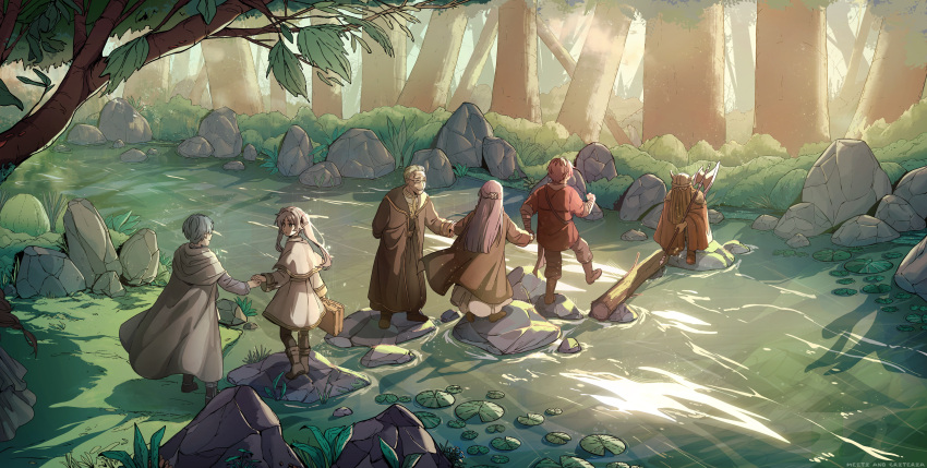 2girls 4boys absurdres artist_name axe backlighting beard black_coat black_pantyhose black_robe blue_hair boots brown_footwear bush cape capelet cloak coat collaboration commentary criteria dappled_sunlight dress elf english_commentary facial_hair fake_horns fern fern_(sousou_no_frieren) forest frieren full_body glasses gold_trim heiter helmet highres himmel_(sousou_no_frieren) holding holding_axe holding_hands holding_suitcase horned_helmet horns jacket leaf log long_hair looking_at_another looking_down making-of_available meeti_patel multiple_boys multiple_girls nature old old_man outdoors pantyhose pointy_ears purple_hair red_hair red_jacket river robe rock short_hair sousou_no_frieren standing stark_(sousou_no_frieren) suitcase sunlight tree twintails walking water white_cape white_capelet white_cloak white_dress