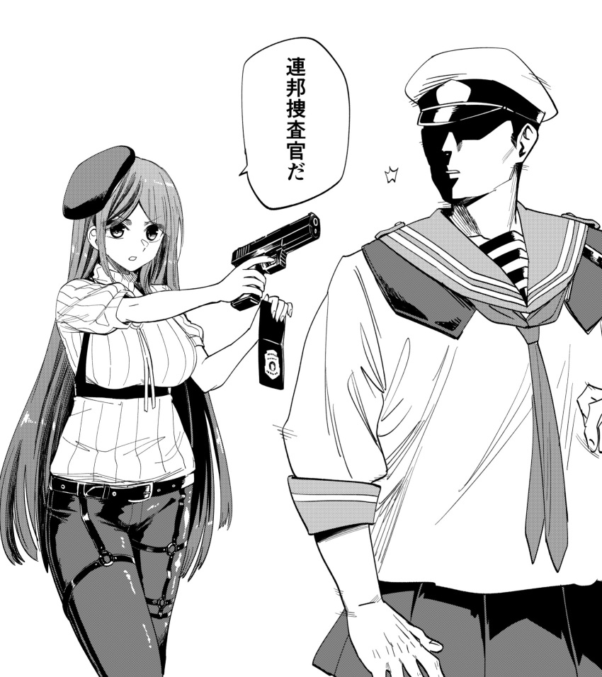 1boy 1girl admiral_(kancolle) beret chest_harness cosplay cowboy_shot crossdressing gouta_(nagishiro6624) greyscale gun handgun harness hat highres kantai_collection monochrome pants parted_bangs peaked_cap pleated_skirt police_badge ribbed_sweater sailor_collar sailor_shirt samuel_b._roberts_(kancolle) samuel_b._roberts_(kancolle)_(cosplay) school_uniform serafuku shirt skirt south_dakota_(kancolle) sweater weapon weapon_request