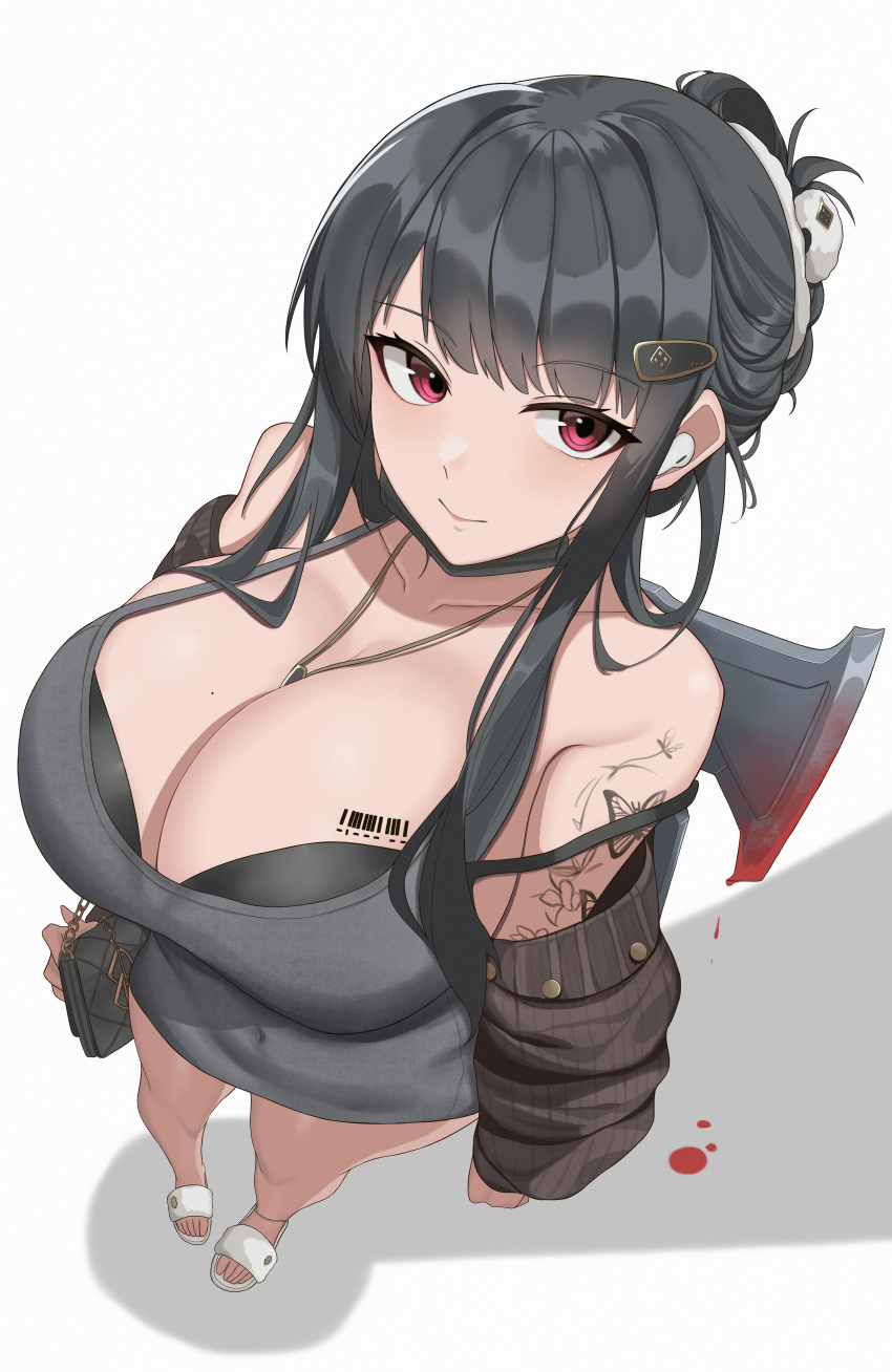 absurdres axe barcode barcode_tattoo black_bra black_dress black_hair black_nails blood blood_on_weapon blunt_bangs bra breast_tattoo breasts butterfly_tattoo closed_mouth d_(killer_wife)_(nikke) d_(nikke) dongtan_dress dress foreshortening from_above goddess_of_victory:_nikke hair_ornament hairclip hatchet_(axe) heart heart_necklace highres holding holding_weapon jewelry large_breasts long_hair meme_attire nail_polish necklace official_alternate_costume red_eyes smile tattoo underwear weapon weapon_behind_back yijie_xianyu
