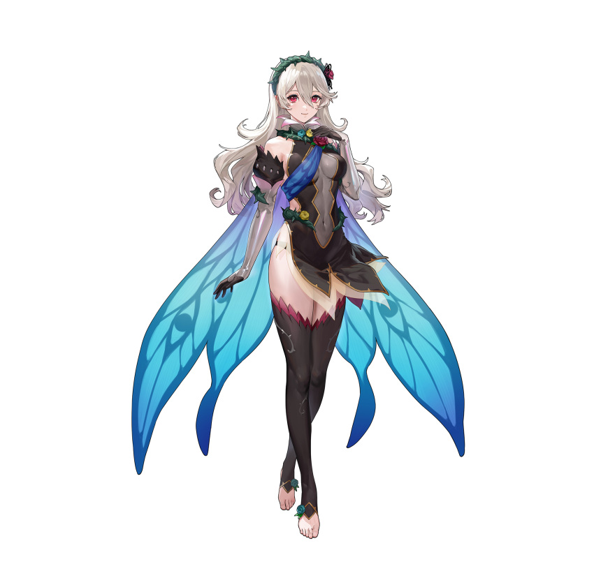 1girl alternate_costume bangs bare_shoulders breasts cape closed_mouth commentary_request corrin_(female)_(fire_emblem) corrin_(fire_emblem) covered_navel dress ekao elbow_gloves fire_emblem fire_emblem_fates fire_emblem_heroes full_body gloves gradient gradient_clothes hair_ornament hairband hand_on_own_chest hand_up highres long_hair looking_at_viewer medium_breasts official_art red_eyes see-through shiny_clothes shiny_hair short_dress simple_background sleeveless sleeveless_dress solo standing thighhighs thighs thorns toeless_legwear toes turtleneck white_background white_hair