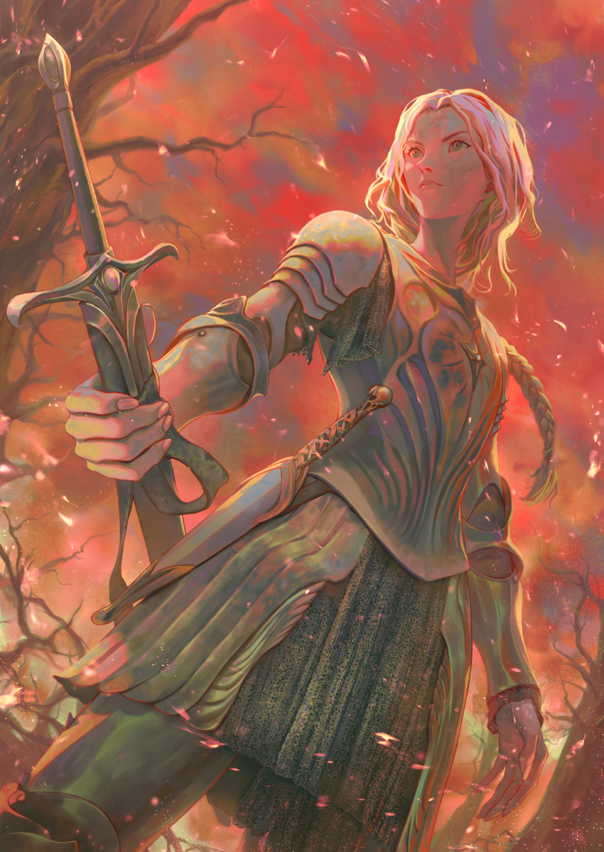 1girl absurdres armor backlighting blonde_hair braid breastplate elf fantasy from_below galadriel green_eyes highres holding holding_sword holding_weapon ivan-inagaki knife_sheath long_hair pointy_ears red_sky serious sheath sheathed shoulder_plates single_braid sky solo standing sword the_lord_of_the_rings tolkien's_legendarium tree upper_body weapon