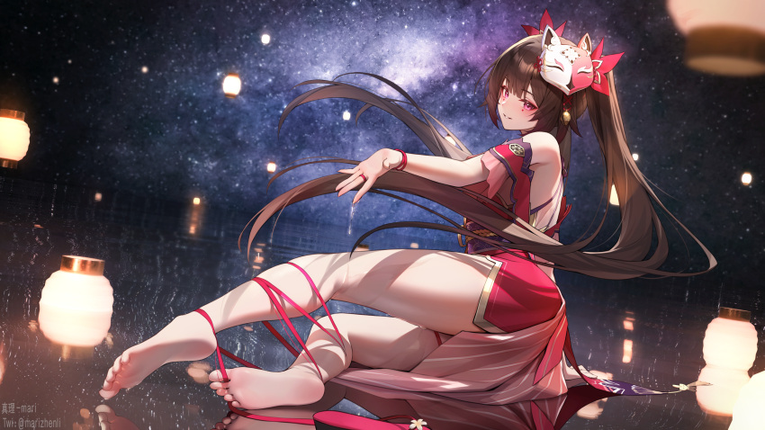 1girl absurdres arm_support artist_name bare_shoulders barefoot blush brown_hair dress eyeliner facial_mark feet floating_hair fox_mask grin hair_ornament highres honkai:_star_rail honkai_(series) kneepits lantern long_hair looking_at_viewer looking_to_the_side makeup mask mask_on_head night night_sky obi obijime outstretched_arm outstretched_hand paper_lantern parted_lips pink_eyes red_dress red_eyeliner red_ribbon reflection reflective_floor ribbon risa_(pixiv23908854) sash shadow sitting skindentation sky sky_lantern smile soles solo sparkle_(honkai:_star_rail) star_(sky) starry_sky thighs toes twintails twitter_username very_long_hair water yokozuwari