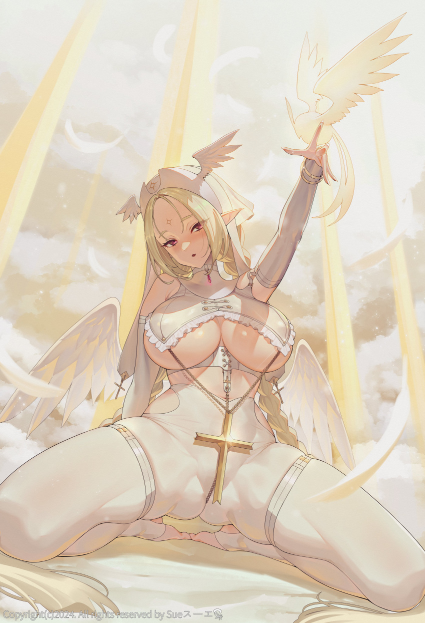 1girl absurdres arm_up blonde_hair blush breasts commentary facial_mark feathered_wings forehead_mark full_body highres kneeling large_breasts long_hair looking_at_viewer low_wings original pointy_ears red_eyes shiny_skin skin_tight suerte wings