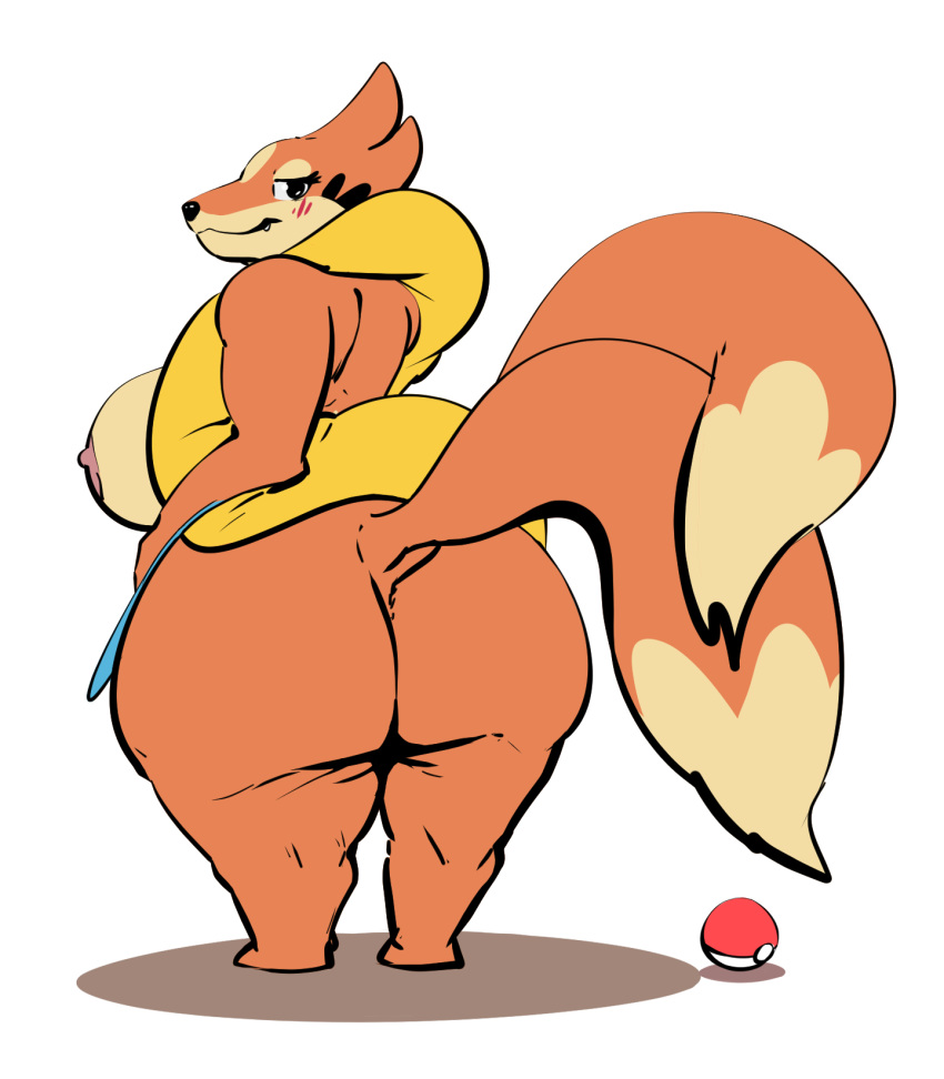 2024 2_tails anthro areola big_breasts big_butt biped black_eyes black_nose blush breasts butt female fizzpop floatzel fluffy fluffy_tail fur generation_4_pokemon half-closed_eyes hi_res huge_breasts long_tail looking_at_viewer looking_back multi_tail narrowed_eyes nintendo nipples nude orange_body orange_fur orange_tail pink_areola pink_nipples pokeball pokemon pokemon_(species) simple_background solo standing tail thick_thighs white_background