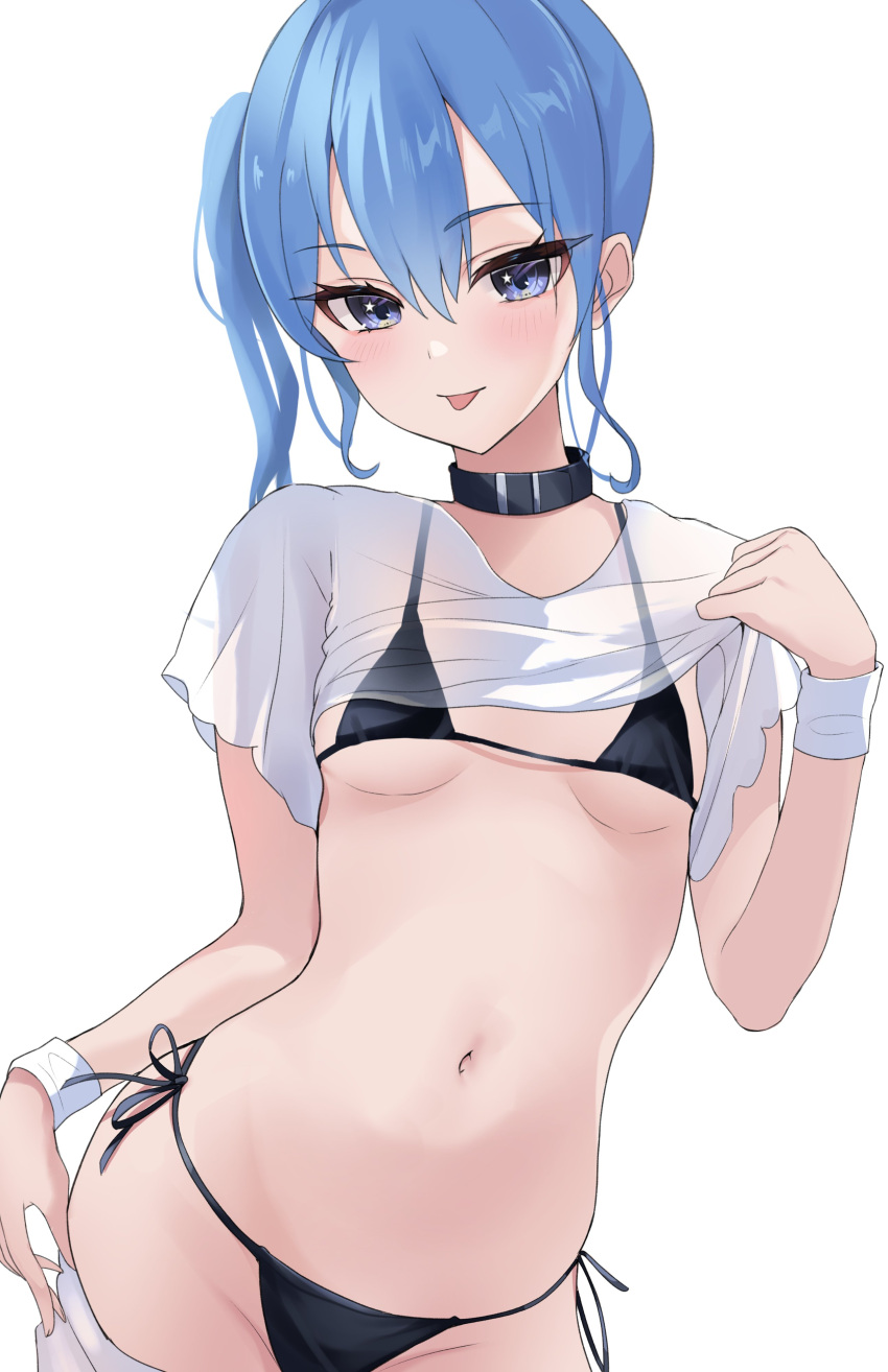 1girl :p absurdres arm_at_side bikini bikini_under_clothes black_bikini black_collar blue_eyes blue_hair blush breasts closed_mouth clothes_lift collar contrapposto cowboy_shot fawny hair_between_eyes hand_up highres hololive hoshimachi_suisei lifted_by_self long_hair looking_at_viewer navel see-through see-through_shirt shirt_lift side-tie_bikini_bottom side_ponytail sidelocks simple_background small_breasts smile solo stomach swimsuit tongue tongue_out underboob upper_body virtual_youtuber white_background