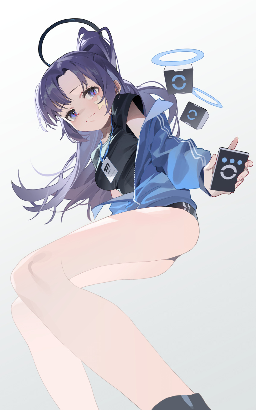 1girl ass black_buruma black_shirt blue_archive blue_jacket breasts buruma commentary_request drone feet_out_of_frame gradient_background halo highres id_card jacket lanyard long_hair long_sleeves mechanical_halo medium_breasts official_alternate_costume omurice_(304975636) open_clothes open_jacket ponytail purple_eyes purple_hair shirt solo yuuka_(blue_archive) yuuka_(track)_(blue_archive)