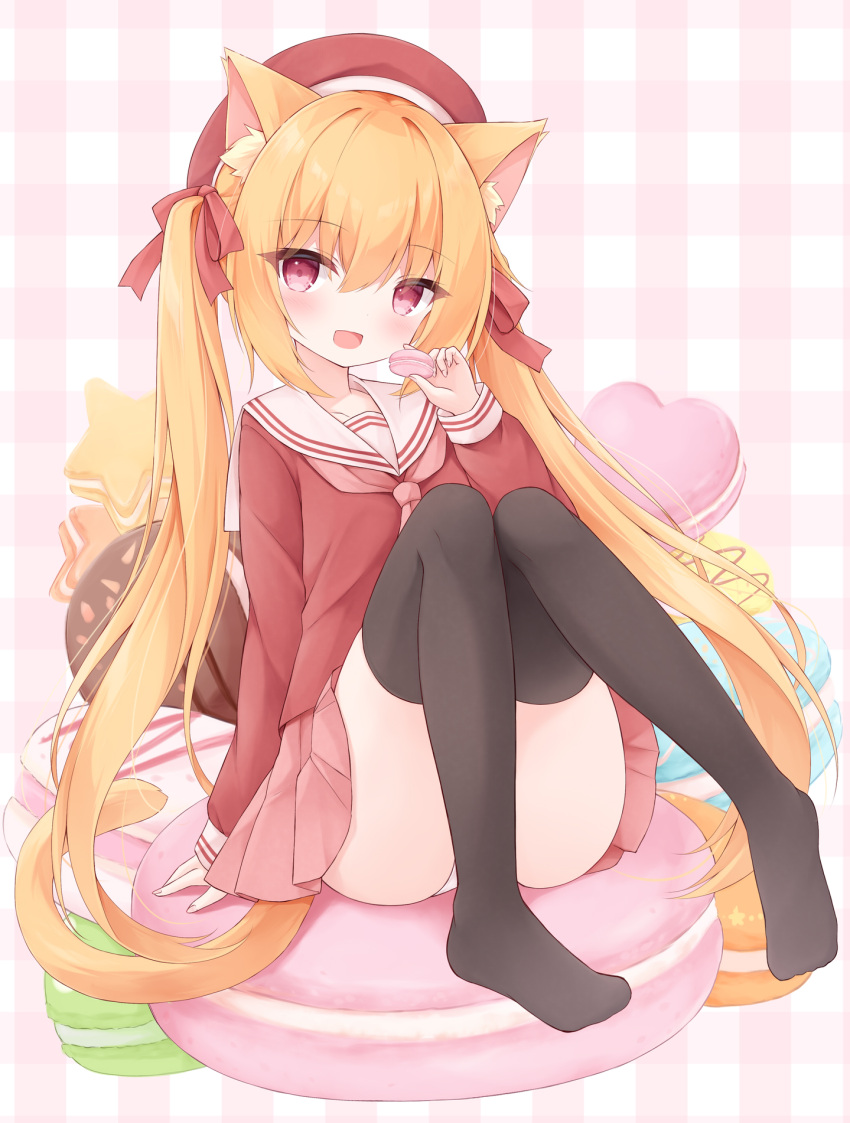 1girl animal_ears ass_support cat_ears cat_girl food hat highres holding kneehighs long_hair macaron makeup mochizuki_riku open_mouth orange_hair original pink_background red_eyes red_headwear rouge_(makeup) school_uniform serafuku socks very_long_hair white_background