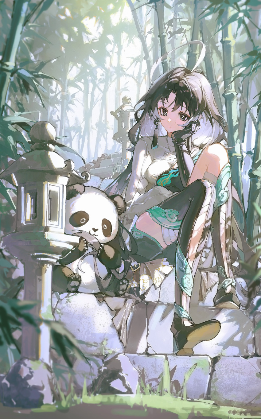 1girl 57friend absurdres ahoge asymmetrical_dress asymmetrical_gloves asymmetrical_shorts bamboo bamboo_forest black_hair dyed_ahoge earrings forest gloves highres jewelry jianxin_(wuthering_waves) long_sleeves nature panda shorts shorts_under_skirt stairs yin_yang yin_yang_earrings