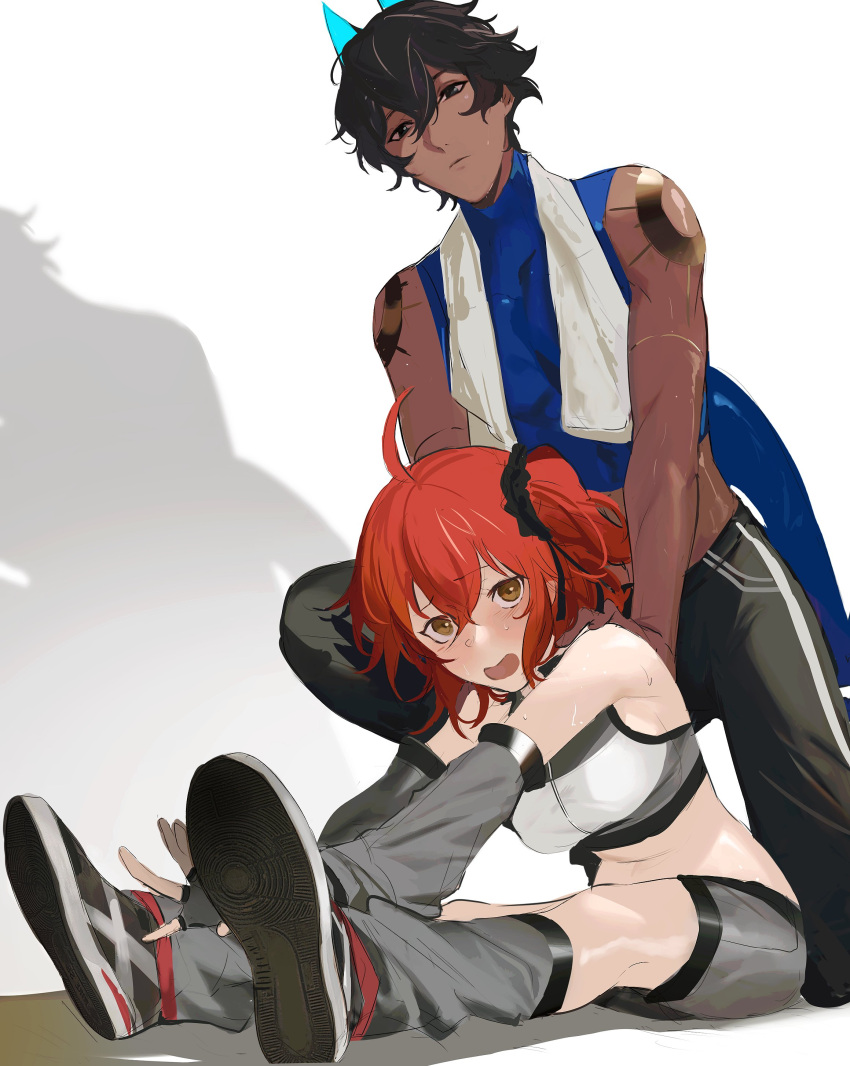 1boy 1girl absurdres ahoge arjuna_(fate) arjuna_alter_(fate) arm_warmers black_eyes black_hair blush dark-skinned_male dark_skin exercise fate/grand_order fate_(series) fingerless_gloves flustered fujimaru_ritsuka_(female) gloves grey_shorts hair_between_eyes highres looking_at_viewer neruchiru_08 one_side_up open_mouth orange_hair pants shadow shiny_skin short_hair shorts sitting stretching sweat sweatpants tail towel towel_around_neck white_background yellow_eyes