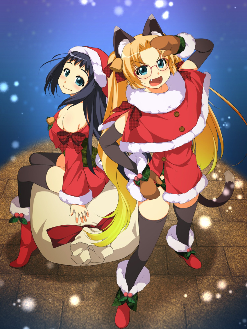 2girls animal_ear_fluff animal_ears atelier-moo bare_shoulders black_hair blonde_hair breasts capelet cat_ears cat_tail christmas closed_mouth curtained_hair fang full_body gift glasses gloves green_eyes hat highres long_hair long_sleeves machida_madoka machida_tomoka machidake merry_christmas miniskirt multiple_girls narrow_waist night open_mouth red-framed_eyewear red_capelet red_headwear sack santa_costume santa_hat skirt smile snow standing tail thighs twintails very_long_hair zettai_ryouiki